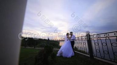 新郎和新娘正在公园的阳台上看日落。 <strong>飞车</strong>