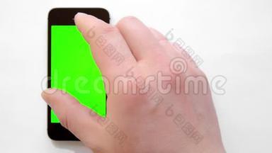 智能手机，绿色屏幕，手动点击