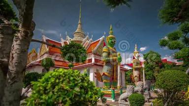 阳光明媚的白天，阿劳恩著名的寺庙入口装饰，4k时间，泰国