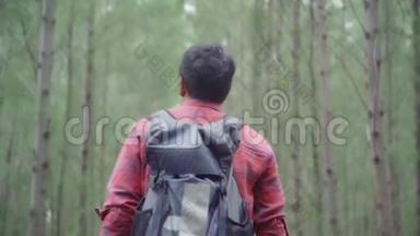 徒步旅行的亚洲背包客男子冒险，感受自由漫步在森林。