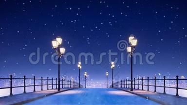 4K冬季<strong>雪夜</strong>路灯点亮的桥