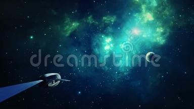 太空场景。 蓝色和绿色星云，有行星和宇宙飞船。 美国宇航局提供的元素。 3D绘制