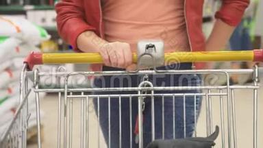 超市里的一个女人正从柜台边经过篮子。 4k
