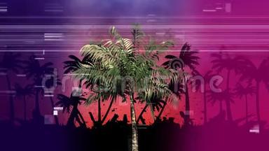 棕榈树和其他棕榈树在阴影中，而虚拟广场像前景上的像素一样嗖嗖作响