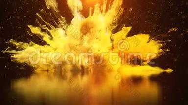 黄色爆炸-彩色烟雾爆炸流体气体发光粒子慢运动三维反射背景阿尔法哑光