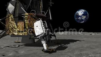 宇航员在月球上行走，挥动他的手。 美国宇航局提供的这段<strong>视频</strong>的一些<strong>元素</strong>。