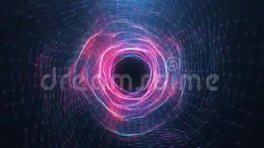 抽象运动数字虫洞，隧道由蓝色和红色闪闪发光的粒子和线条组成。 穿过数字世界