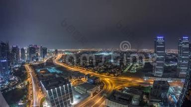 朱美拉湖塔住宅<strong>小区</strong>在迪拜码头附近的空中夜晚时间