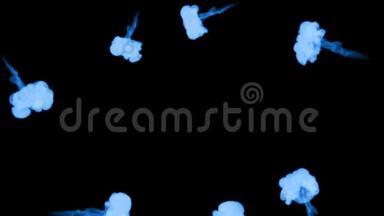 黑色背景上的蓝色荧光墨水。 三维渲染，与卢马哑光。 圆形油墨注射结构3