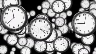 许多Clocks在三维动画中的延时飞行。 时间概念脚注。 高清1080。 装载