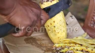 近距离观看当地男子切菠萝，一种非常受欢迎的水果，生长在斯里兰卡<strong>各地</strong>。