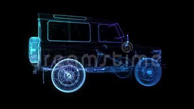 未来的车。 汽车的发光点和线形成。 无缝回路4k动画.. 车轮实体虚拟车架