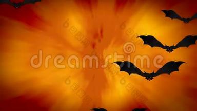 万圣节幽灵动画与飞行蝙蝠在橙色梯度背景。