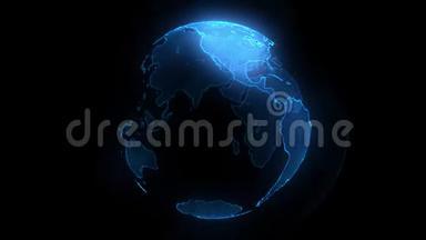 蓝色数字蓝色闪亮地球。 有光泽的行星与发光粒子的旋转。 空间3D动画