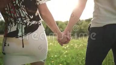 一对夫妇在夏天的公园里和蒲公英一起散步，在日落时牵手