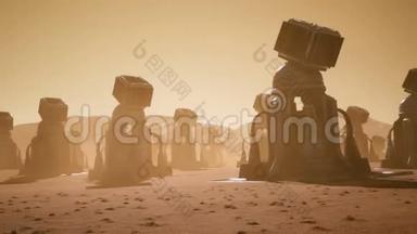 在沙尘暴中火星表面的巨大太阳能电池板。 火星表面的全景景观.. 现实