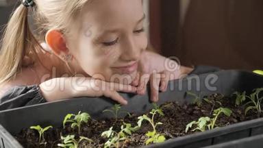 有趣的小园丁关心植物。 可爱的小女孩种<strong>树苗</strong>。 春观念，自然与关怀..