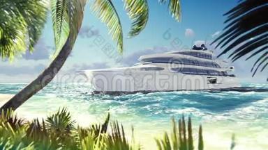 日落时分，豪华的现代游艇在海上。 一艘现代游艇停泊在一个废弃的热带岛屿附近。 宽松现实