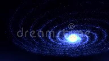 抽象蓝色发光螺旋星系在<strong>黑色</strong>背景上旋转，无缝环。 动画。 令人惊叹的<strong>星光</strong>