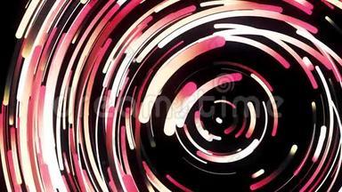 旋转彩色对称漏斗粉红色和红色曲线，具有三维效果。 动画。 令人难以置信的明亮