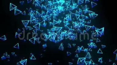 黑色背景的蓝色金字塔。 三维金字塔与几何多边形的连接。 循环动画。 网络空间。 商业交流