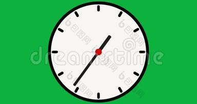 秒表动画图标设计绿色屏幕上的移动箭头。 时钟时间流逝。 绿色背景上的动画时钟..