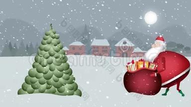 我们友好的圣诞老人走过这个美丽的<strong>雪夜</strong>的风景，填满礼物树，放置圣诞节