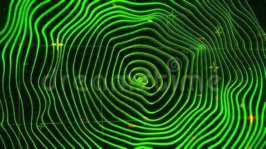 同心绿色环在黑色屏幕背景上移动。 动画。 抽象雷达或<strong>声纳</strong>程序，波状霓虹灯