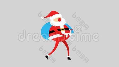 穿着红色西装，带着蓝色礼品袋的圣诞老人