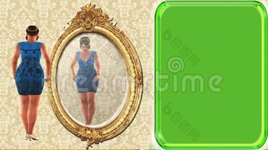03动画卡通形象，女人照镜子，绿色屏幕背景