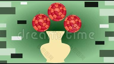 生日快乐动画视频横幅，三朵红色幻想玫瑰在米色花瓶绿色渐变背景，花束在