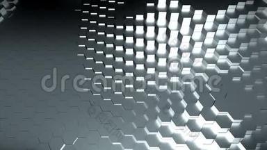 银色六边形的波浪状纹理。计算机生成的现代背景，三维渲染