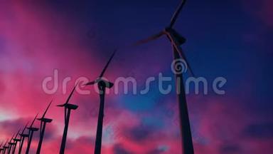 日落时的风车农场。 风车与红色天空的剪影。 现实的循环动画。