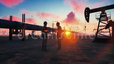 <strong>石油工人</strong>和商人在<strong>石油</strong>泵背景下日落时在管道附近交谈。 真实的电影