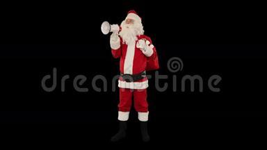 带着扩音器的圣诞老人宣布，正面观看，对抗黑色的股票镜头