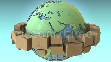 欧洲和非洲强调，许多盒子在世界各地旋转。 概念循环三维动画