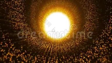有灯光和粒子的金色魅力隧道