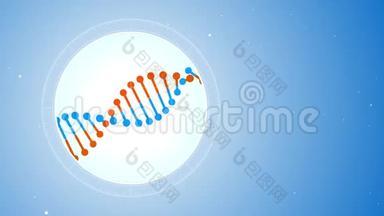 旋转蓝橙DNA分子。 从未来的视角进入显微镜