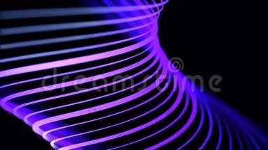 抽象弯曲的霓虹灯线条，紫丁香的颜色在黑色背景上旋转，无缝的循环。 动画。 紫色霓虹灯