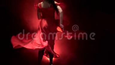 舞者穿着别致的礼服，在阿根廷弗拉门戈的燃烧舞蹈中旋转。 从后面发光。 烟雾背景。 慢慢