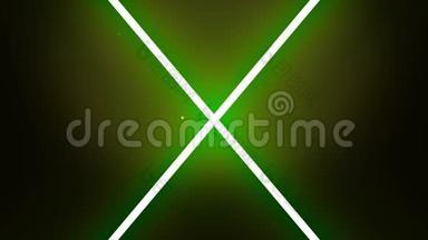 霓虹灯字母X字母在深绿色和黑色背景上运动。 抽象的白色霓虹灯符号构成几何