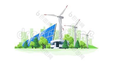太阳能电池板和风力涡轮机发电厂循环<strong>卡通动画</strong>
