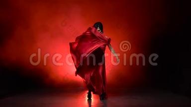舞蹈演员阿根廷弗拉门戈的一支燃烧的舞蹈。 从后面发光。 烟雾背景。 慢动作