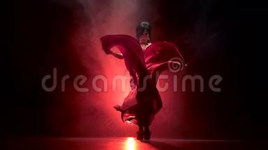 舞蹈演员阿根廷弗拉门戈的一支燃烧的舞蹈。 从后面发光。 烟雾背景。 慢动作