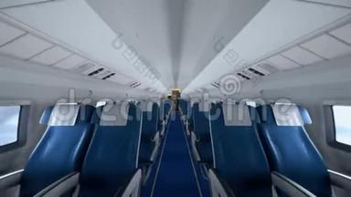 现代飞机的内部，乘客在座位上。 现代飞机内部空座椅。