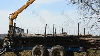 带有起重机的专用<strong>货运卡车</strong>从<strong>卡车</strong>上卸下原木。 森林倒下了。