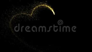 情人节的心从闪亮的<strong>金色颗粒</strong>形成的节日动画黑色背景。 抽象假日情人节