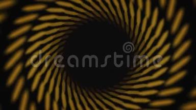 黑色背景上催眠黑色和黄色条纹隧道的抽象动画。 动画。 彩色动画