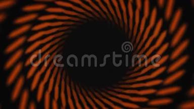 黑色背景上催眠黑色和橙色条纹隧道的抽象动画。 动画。 彩色动画
