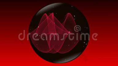 黑色和红色设计中的神奇神秘球体，白色小飞花在红色和黑色梯度上旋转